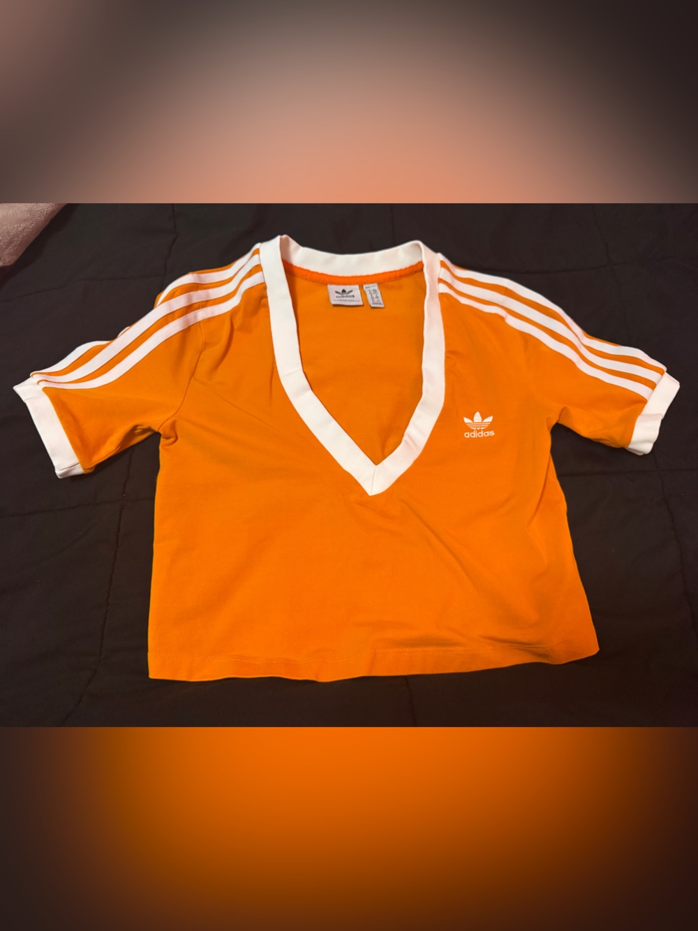 adidas Orange V-Neck Tee with White Accents and Three Stripes